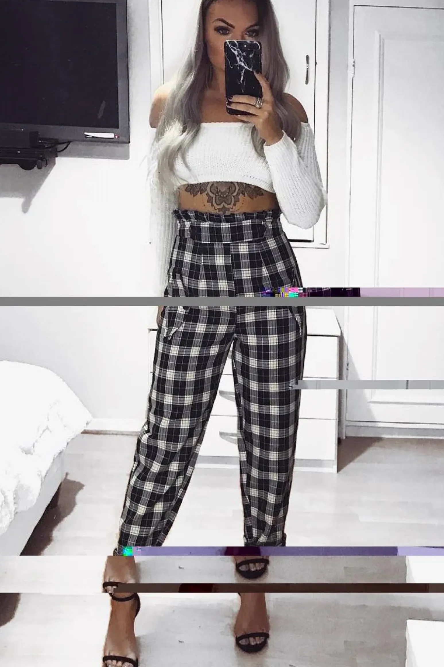 Rebellious Fashion Black White Check Frill Detail Trousers - Bristal
