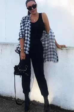Rebellious Fashion Black White Check Longline Shirt - Jaynie