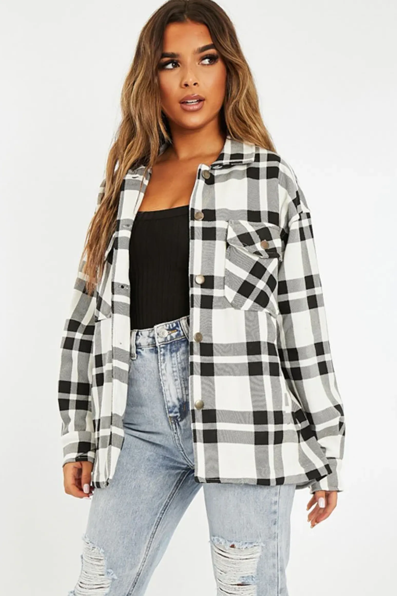 Rebellious Fashion Black White Check Pocket Front Shacket - Misa