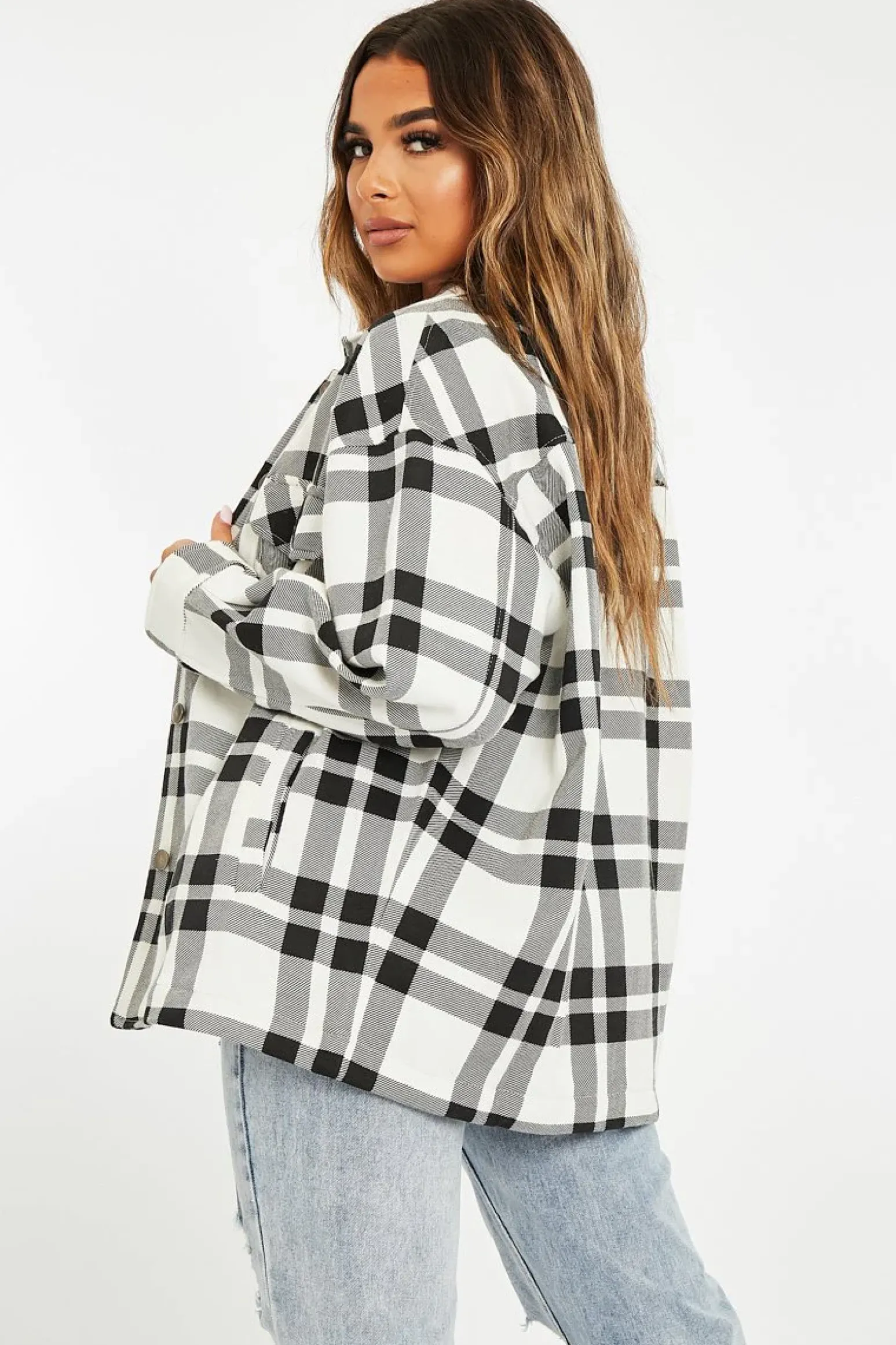 Rebellious Fashion Black White Check Pocket Front Shacket - Misa