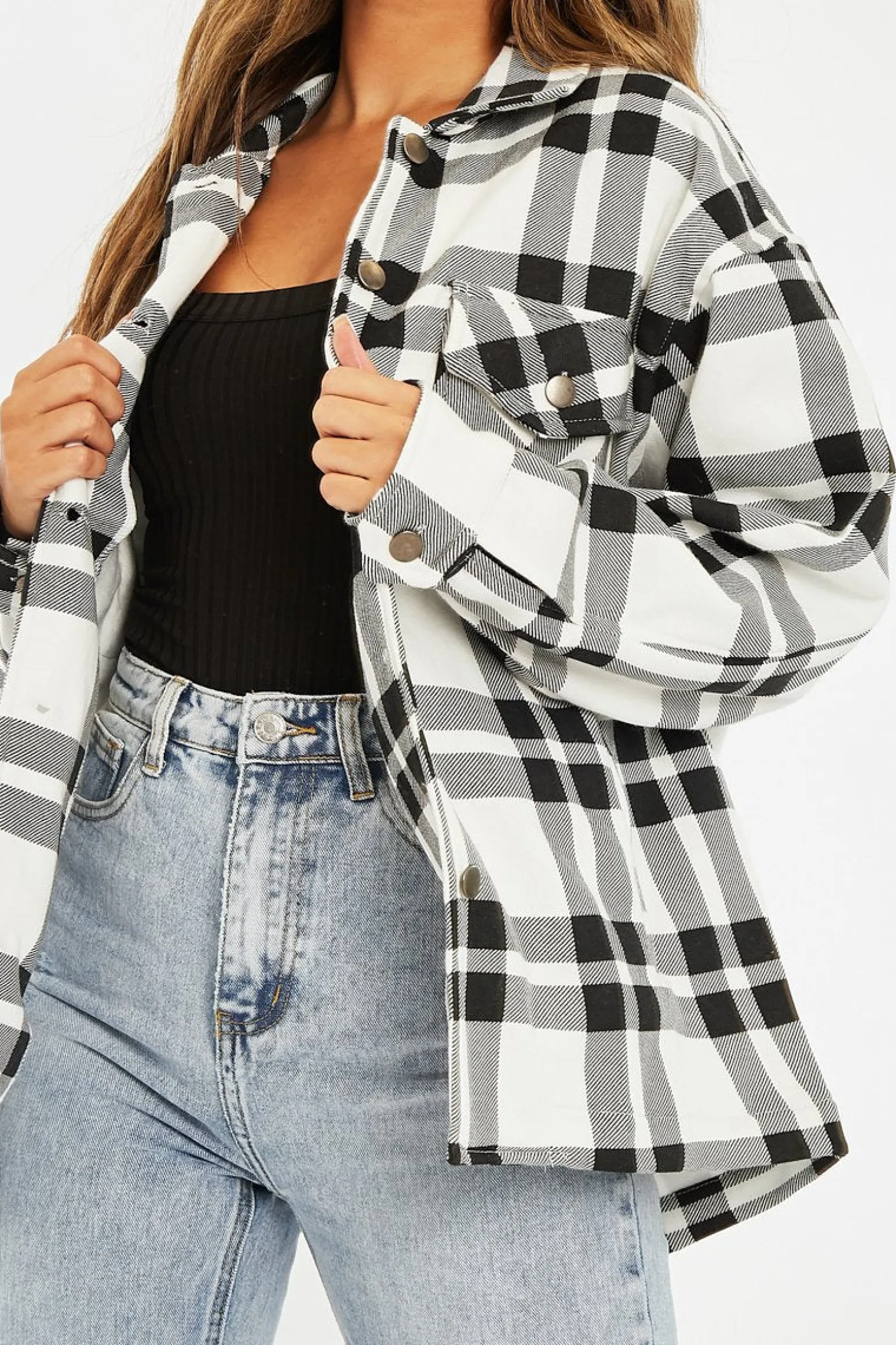 Rebellious Fashion Black White Check Pocket Front Shacket - Misa