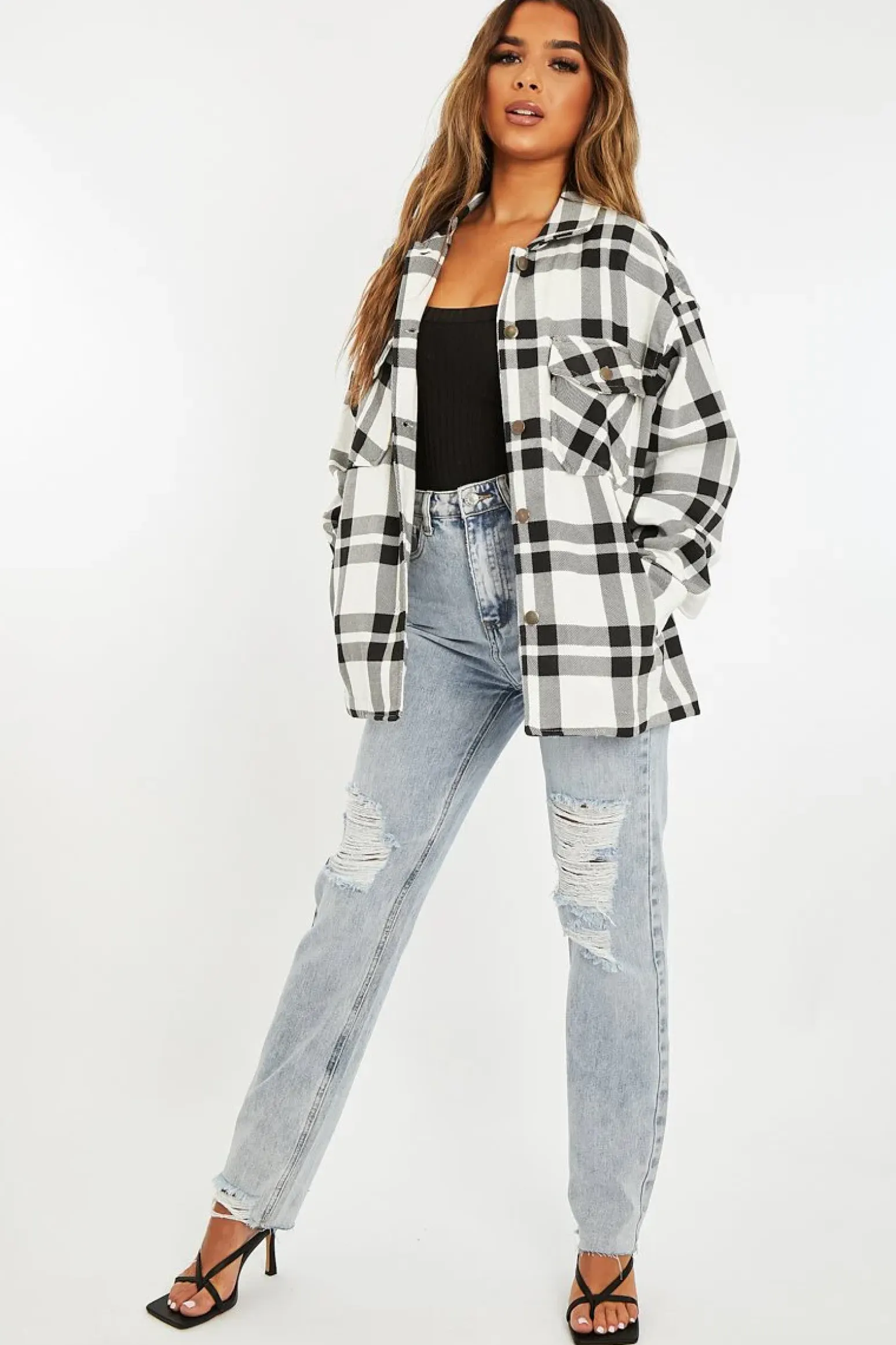 Rebellious Fashion Black White Check Pocket Front Shacket - Misa
