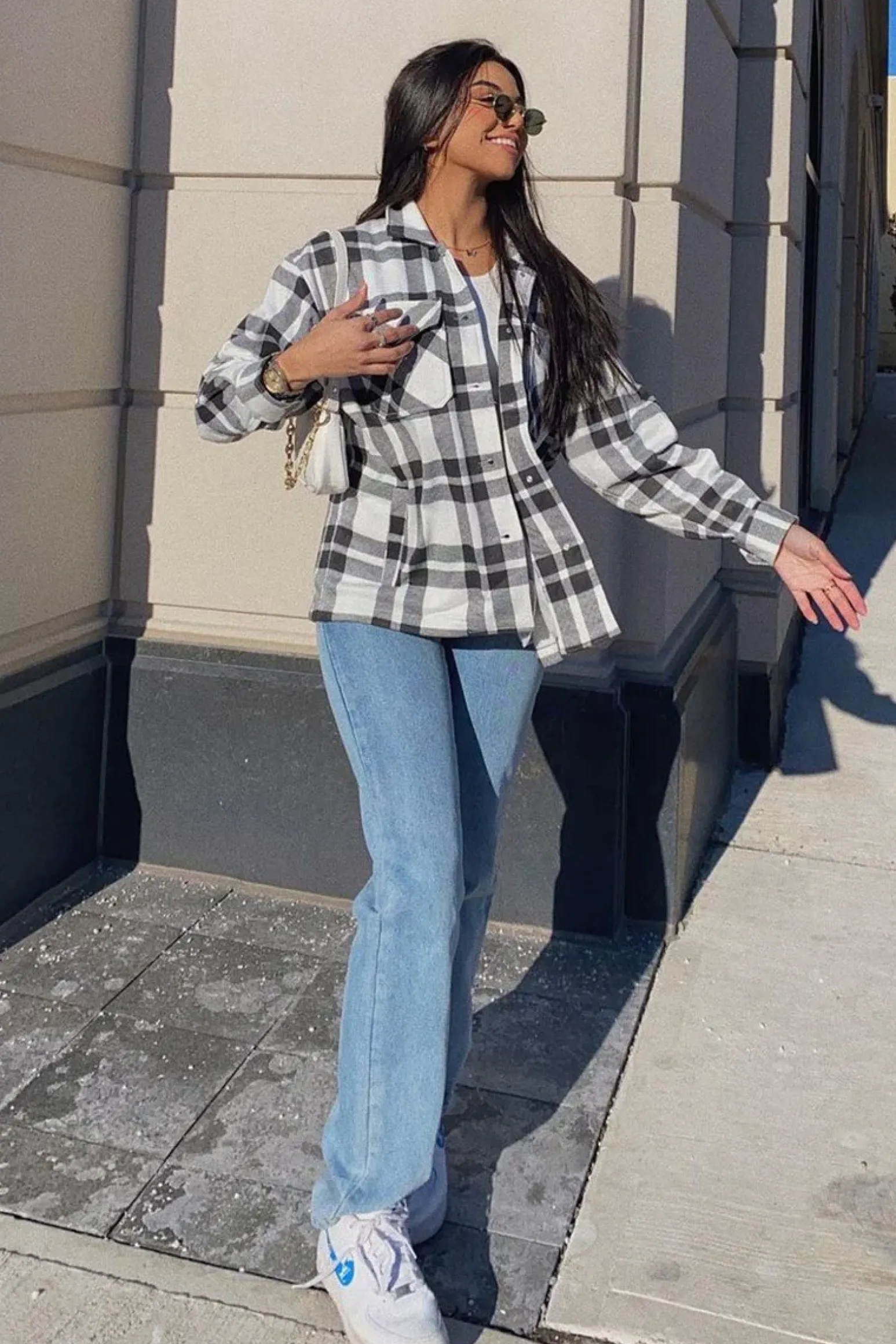 Rebellious Fashion Black White Check Pocket Front Shacket - Misa