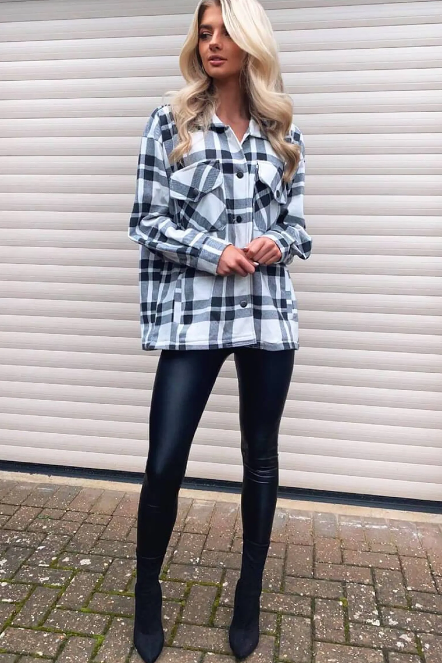 Rebellious Fashion Black White Check Pocket Front Shacket - Misa