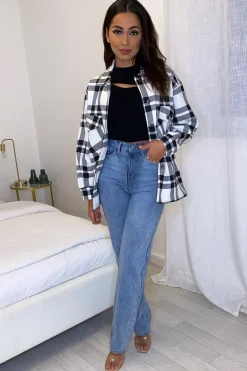 Rebellious Fashion Black White Check Pocket Front Shacket - Misa
