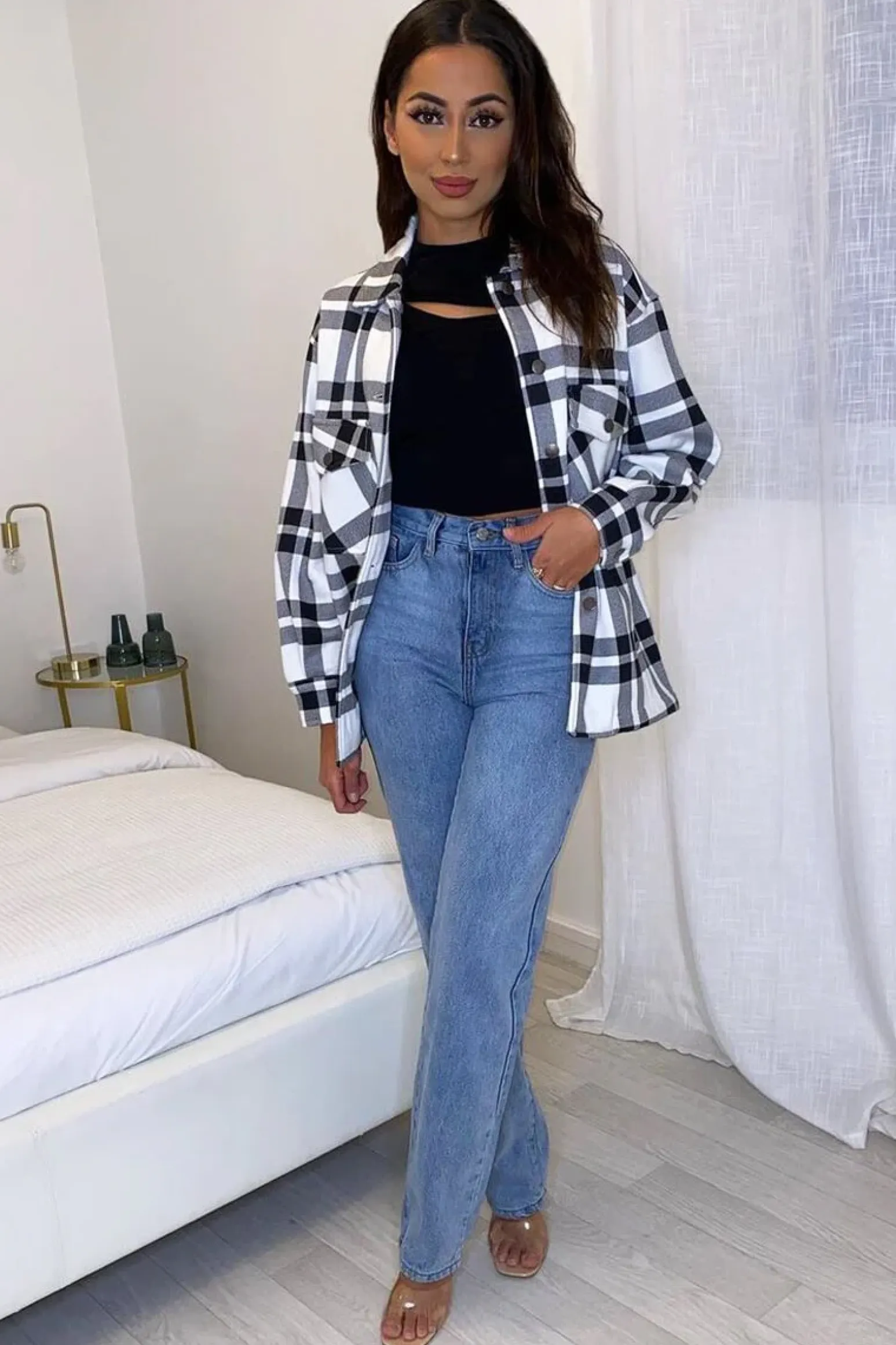 Rebellious Fashion Black White Check Pocket Front Shacket - Misa