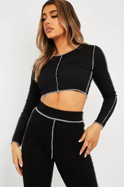 Rebellious Fashion Black White Contrast Stitch Ribbed Crop Top - Candice