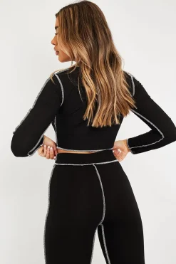 Rebellious Fashion Black White Contrast Stitch Ribbed Crop Top - Candice