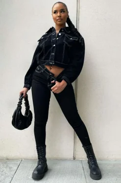 Rebellious Fashion Black White Contrast Stitch Skinny Jeans - Paulina
