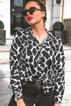 Rebellious Fashion Black White Cow Print Button Down Shirt - Pelia
