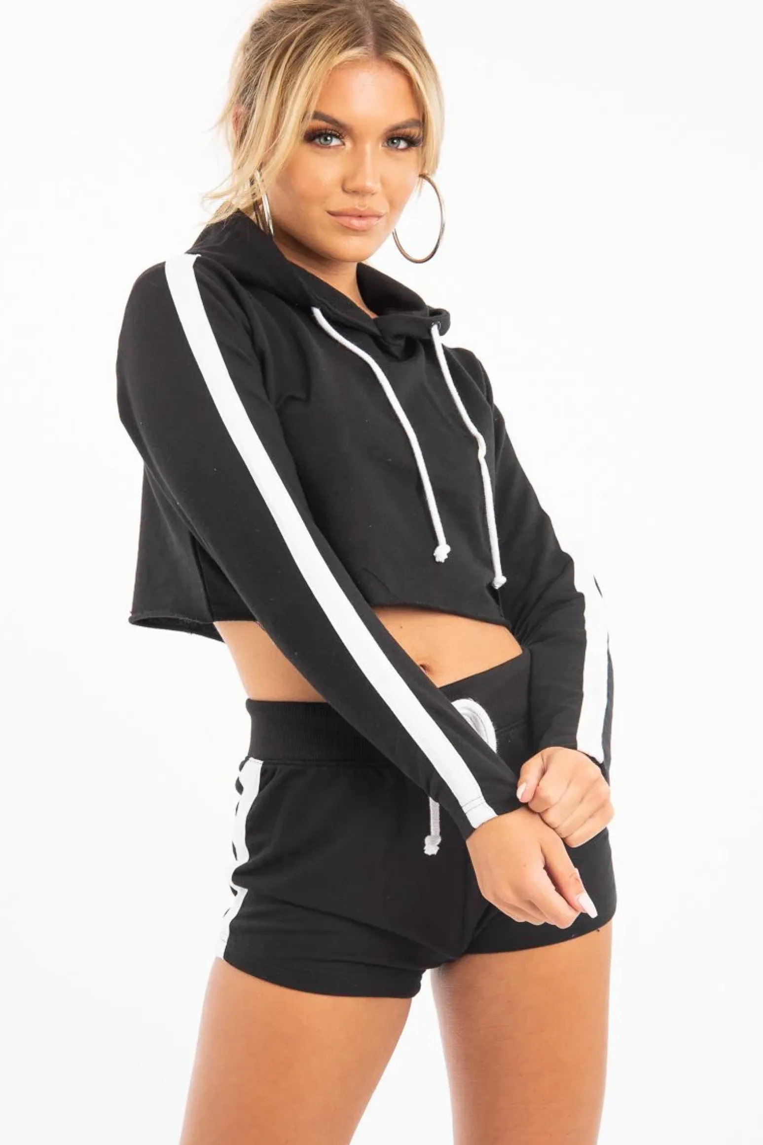 Rebellious Fashion Black White Cropped Hoodie and Shorts Co-ord - Kya