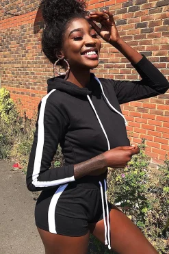 Rebellious Fashion Black White Cropped Hoodie and Shorts Co-ord - Kya
