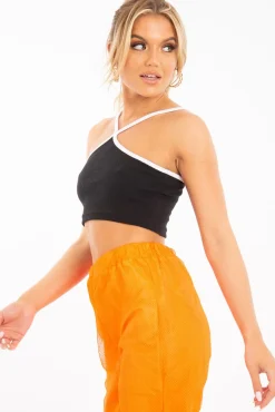 Rebellious Fashion Black White Cross Front Straps Ribbed Crop Top - Vixi