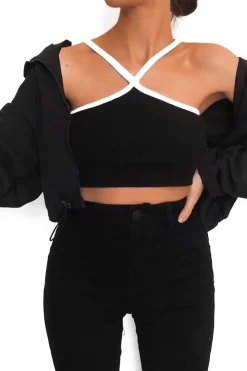 Rebellious Fashion Black White Cross Front Straps Ribbed Crop Top - Vixi