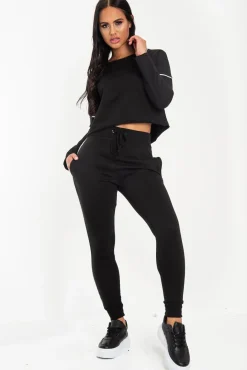 Rebellious Fashion Black White Detail Line Sweatshirt and Jogger Set - Shealee