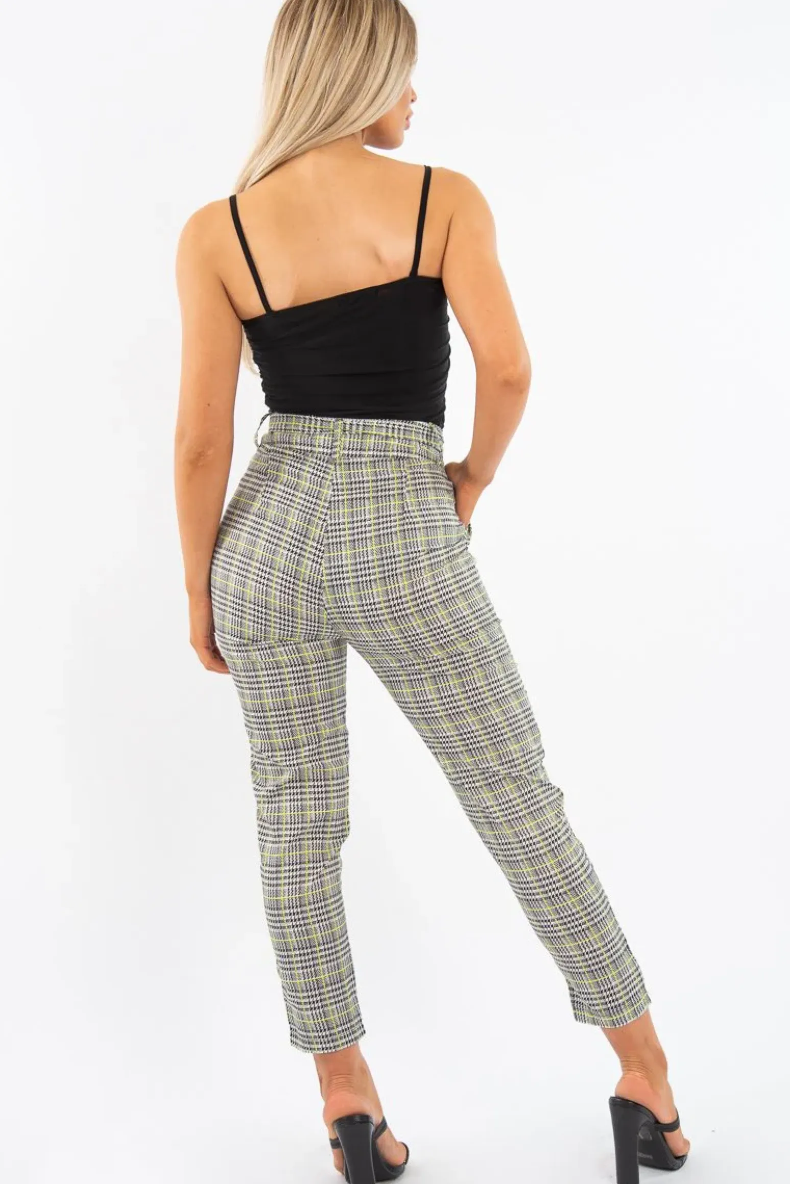 Rebellious Fashion Black White Green Houndstooth Belted Trouser - Xiara