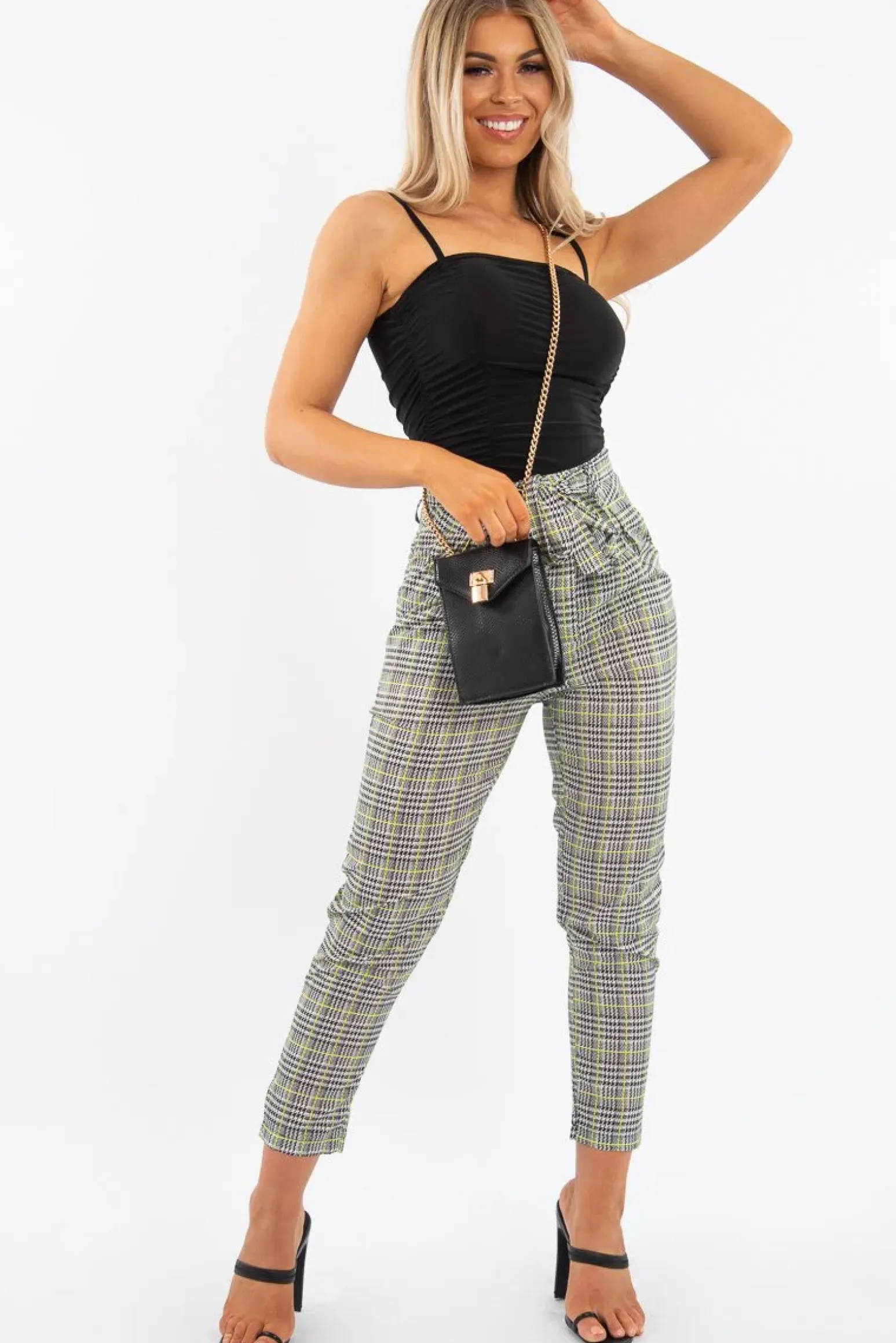 Rebellious Fashion Black White Green Houndstooth Belted Trouser - Xiara