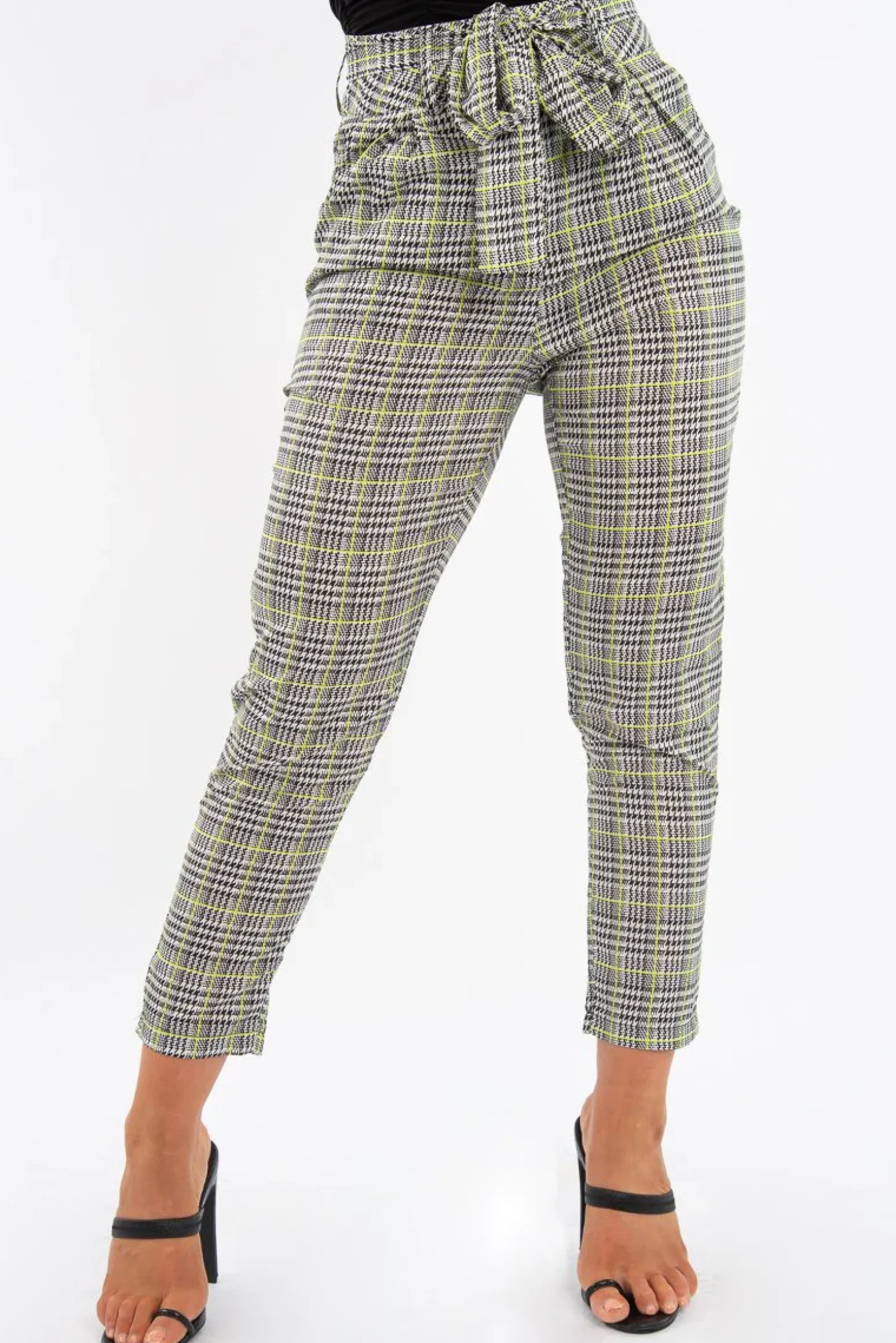 Rebellious Fashion Black White Green Houndstooth Belted Trouser - Xiara
