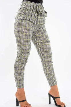 Rebellious Fashion Black White Green Houndstooth Belted Trouser - Xiara