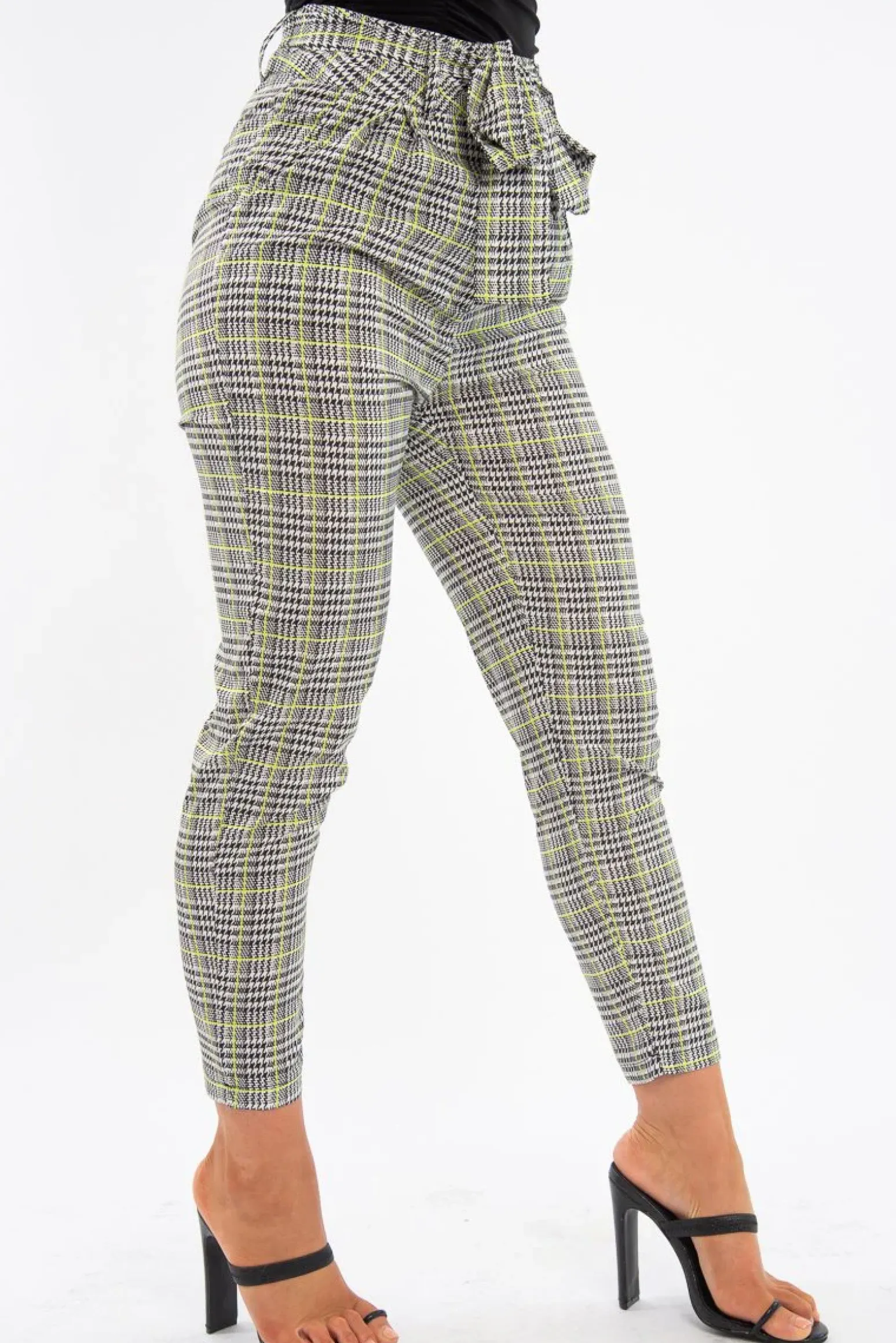 Rebellious Fashion Black White Green Houndstooth Belted Trouser - Xiara