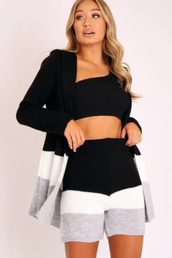 Rebellious Fashion Black White Grey Knitted Shorts and Hooded Cardigan Co-ord - Kyrie