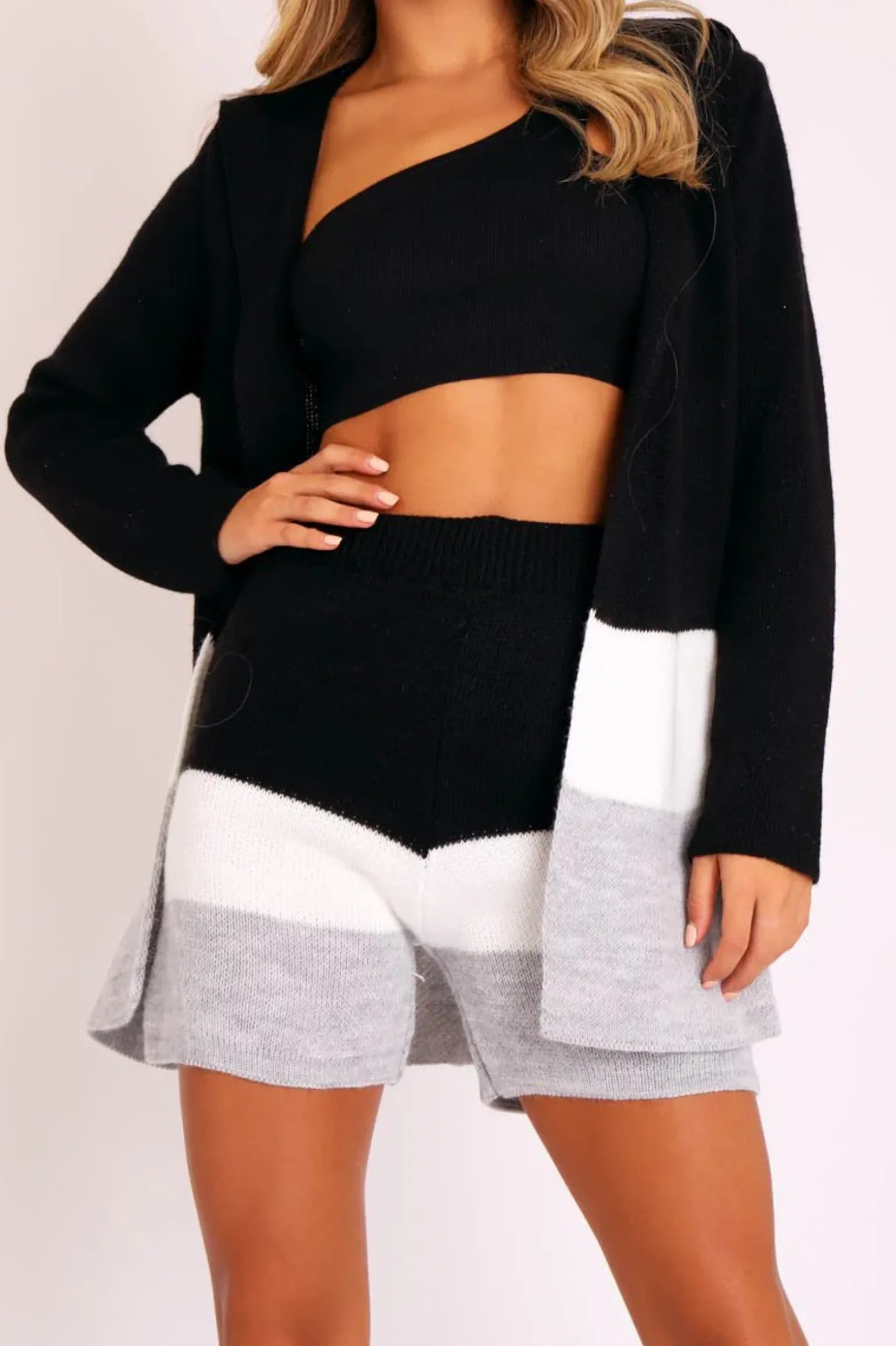 Rebellious Fashion Black White Grey Knitted Shorts and Hooded Cardigan Co-ord - Kyrie