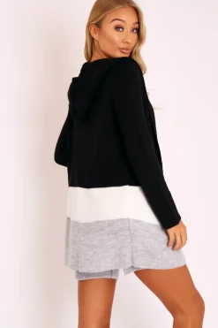Rebellious Fashion Black White Grey Knitted Shorts and Hooded Cardigan Co-ord - Kyrie