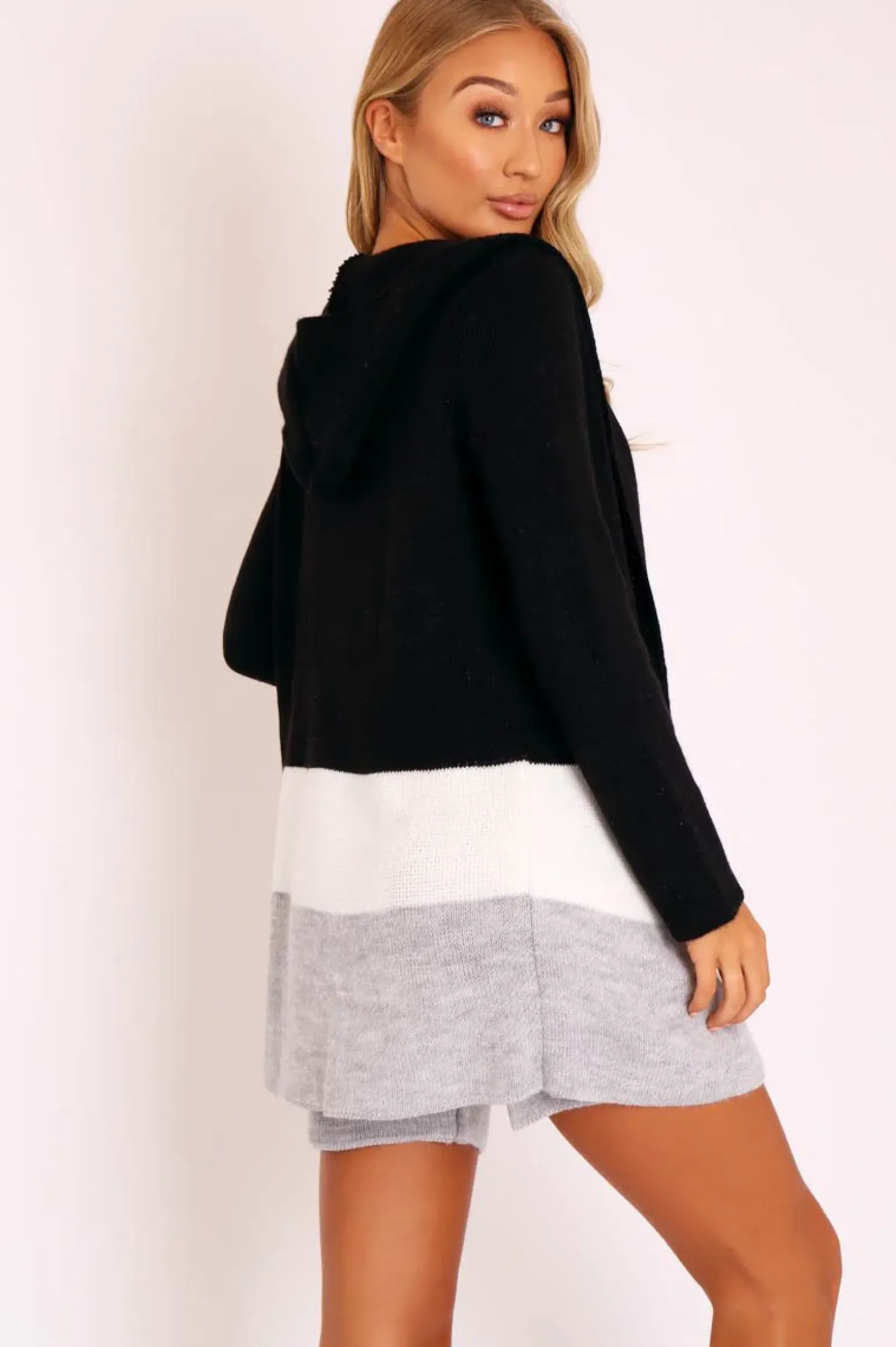 Rebellious Fashion Black White Grey Knitted Shorts and Hooded Cardigan Co-ord - Kyrie