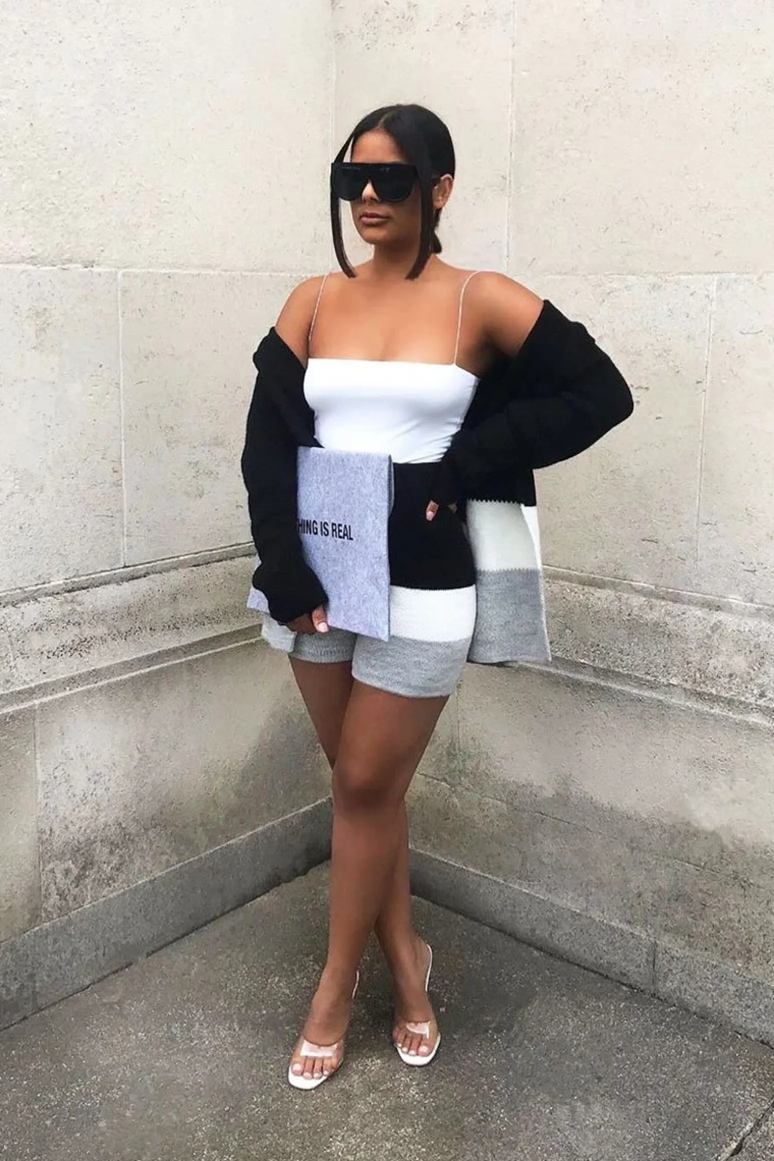 Rebellious Fashion Black White Grey Knitted Shorts and Hooded Cardigan Co-ord - Kyrie