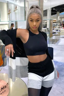 Rebellious Fashion Black White Grey Knitted Shorts and Hooded Cardigan Co-ord - Kyrie