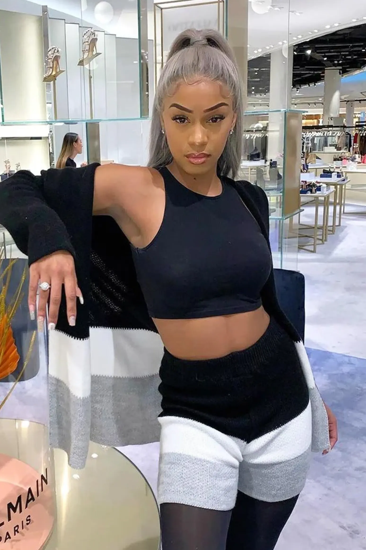 Rebellious Fashion Black White Grey Knitted Shorts and Hooded Cardigan Co-ord - Kyrie