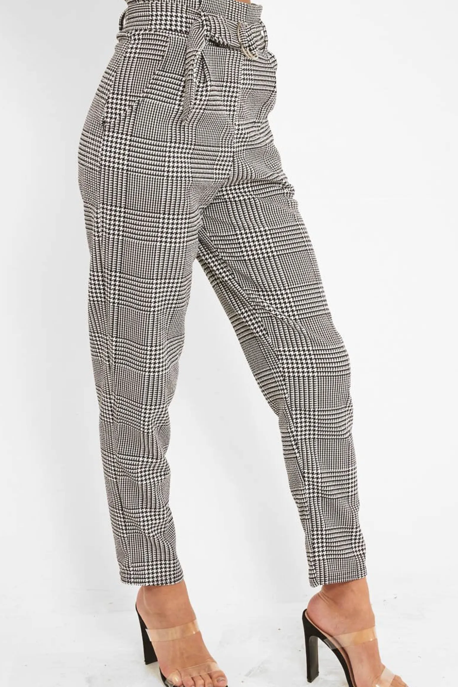 Rebellious Fashion Black White Houndstooth Belted Tapered Trousers - Aasia