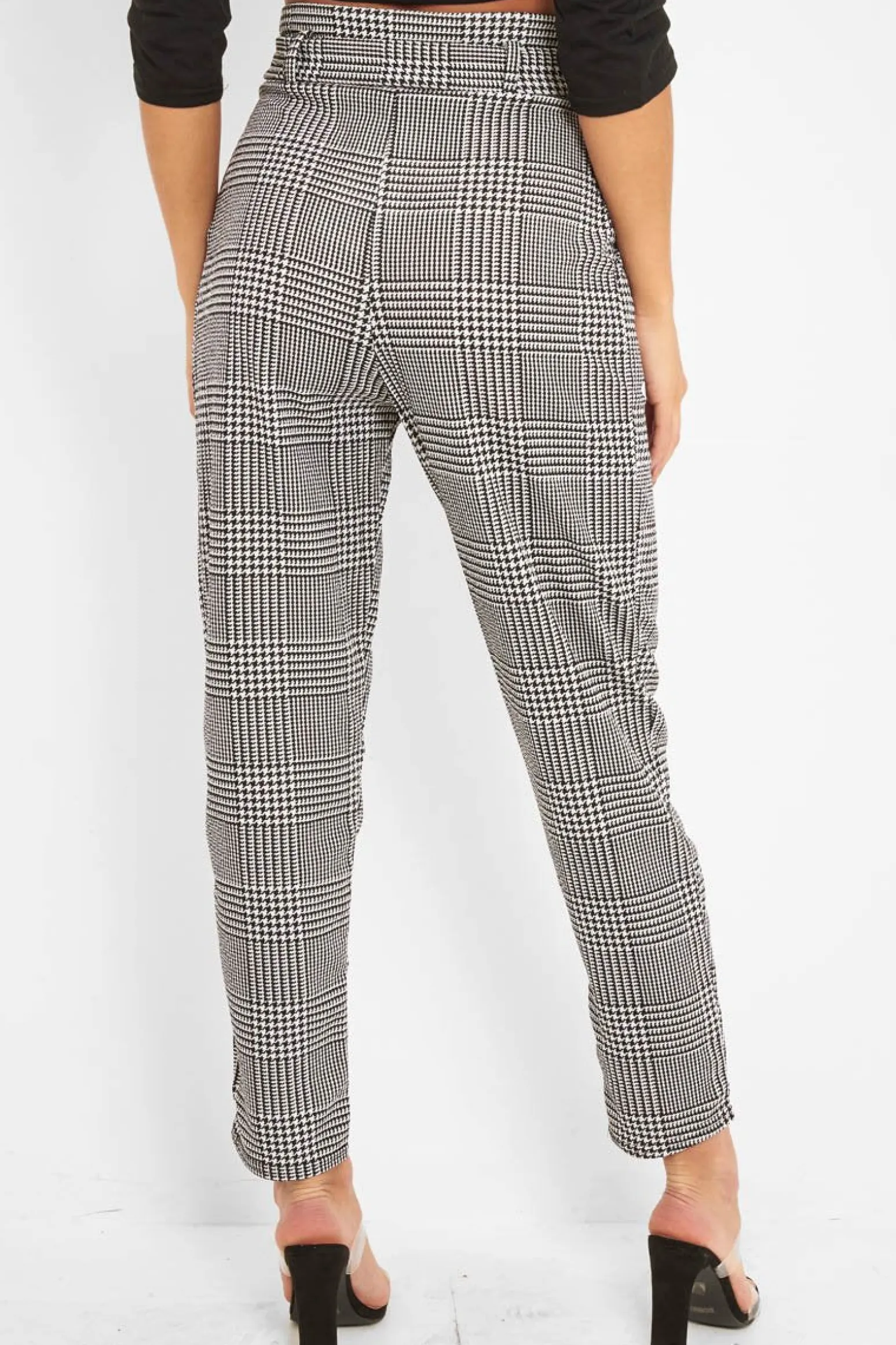Rebellious Fashion Black White Houndstooth Belted Tapered Trousers - Aasia