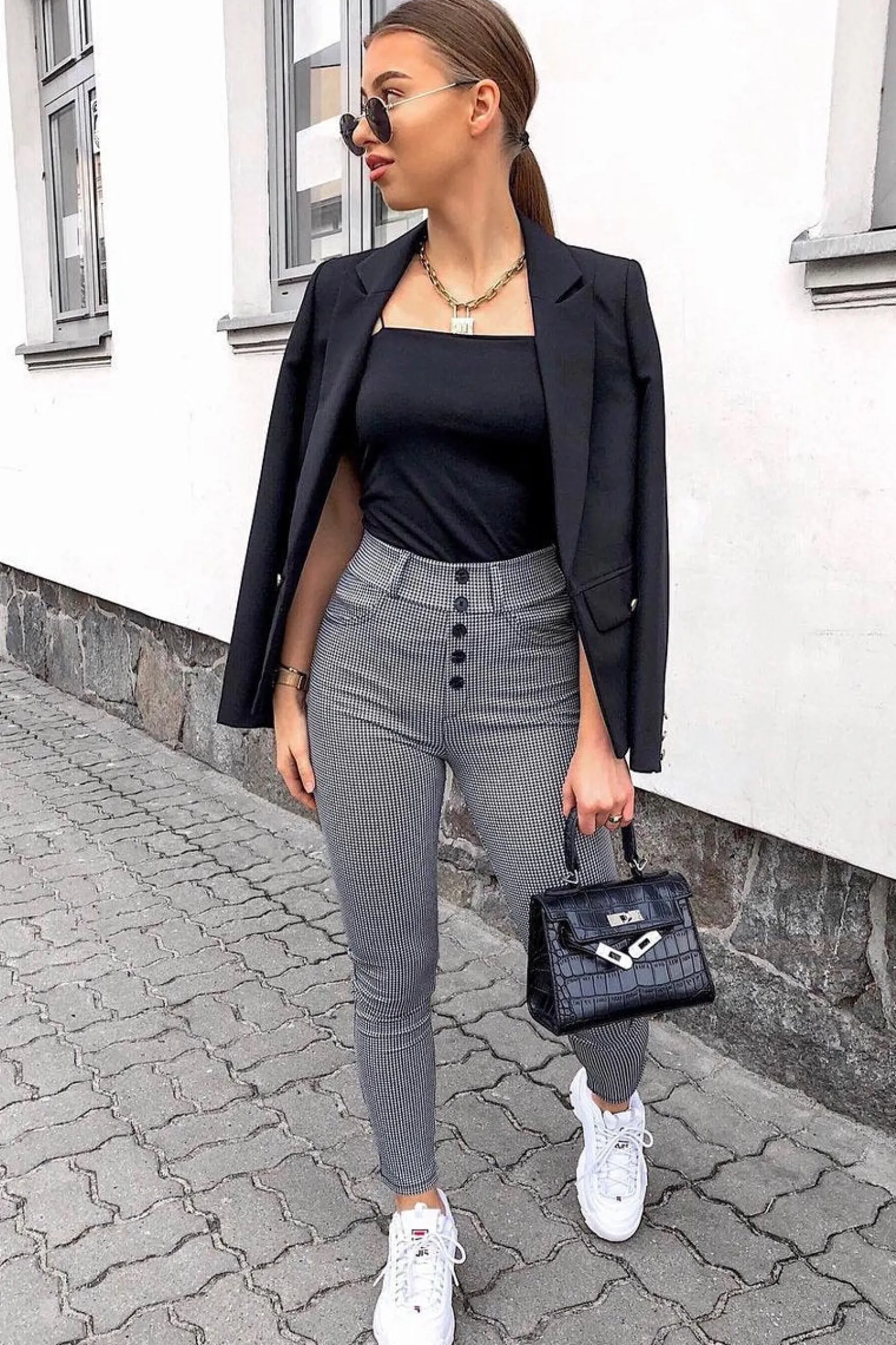 Rebellious Fashion Black White Houndstooth Button Front Trousers - Isabelle
