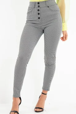 Rebellious Fashion Black White Houndstooth Button Front Trousers - Isabelle