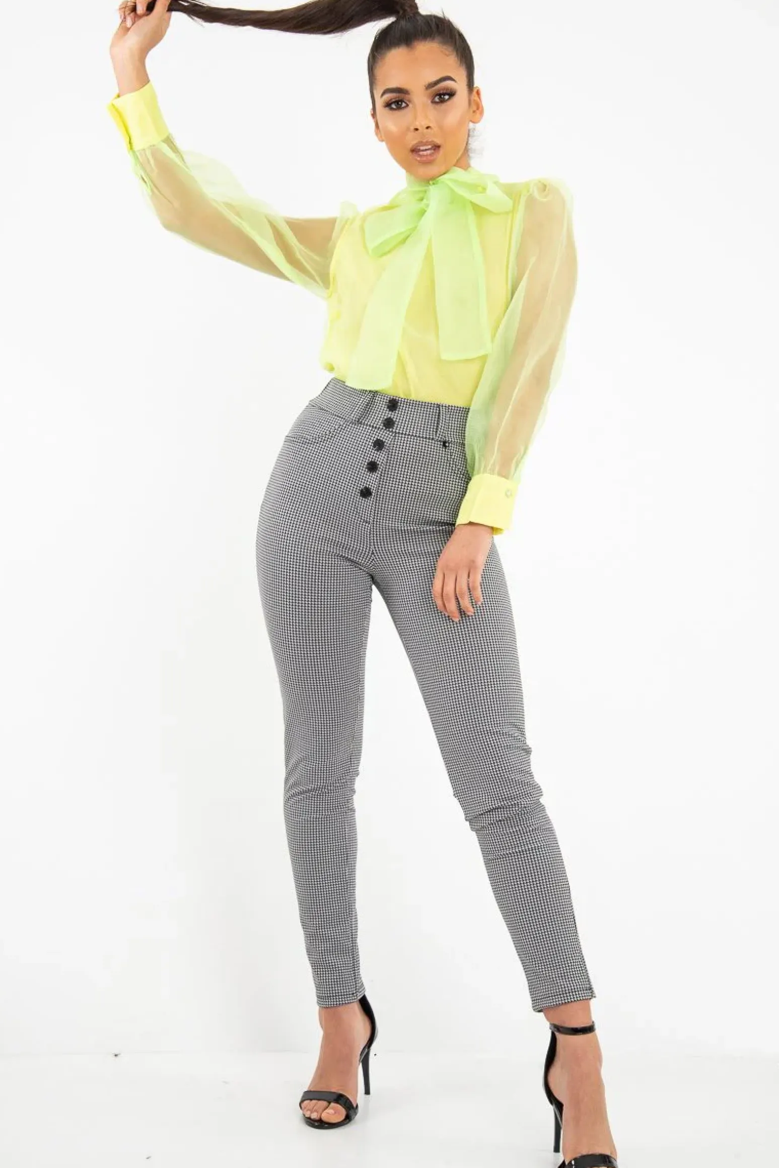 Rebellious Fashion Black White Houndstooth Button Front Trousers - Isabelle