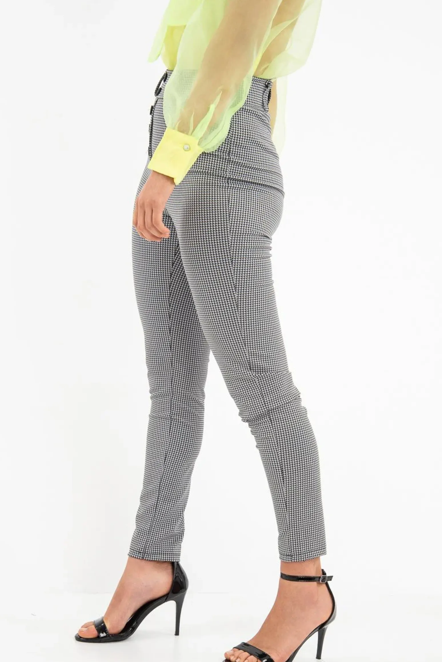 Rebellious Fashion Black White Houndstooth Button Front Trousers - Isabelle
