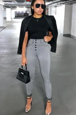 Rebellious Fashion Black White Houndstooth Button Front Trousers - Isabelle
