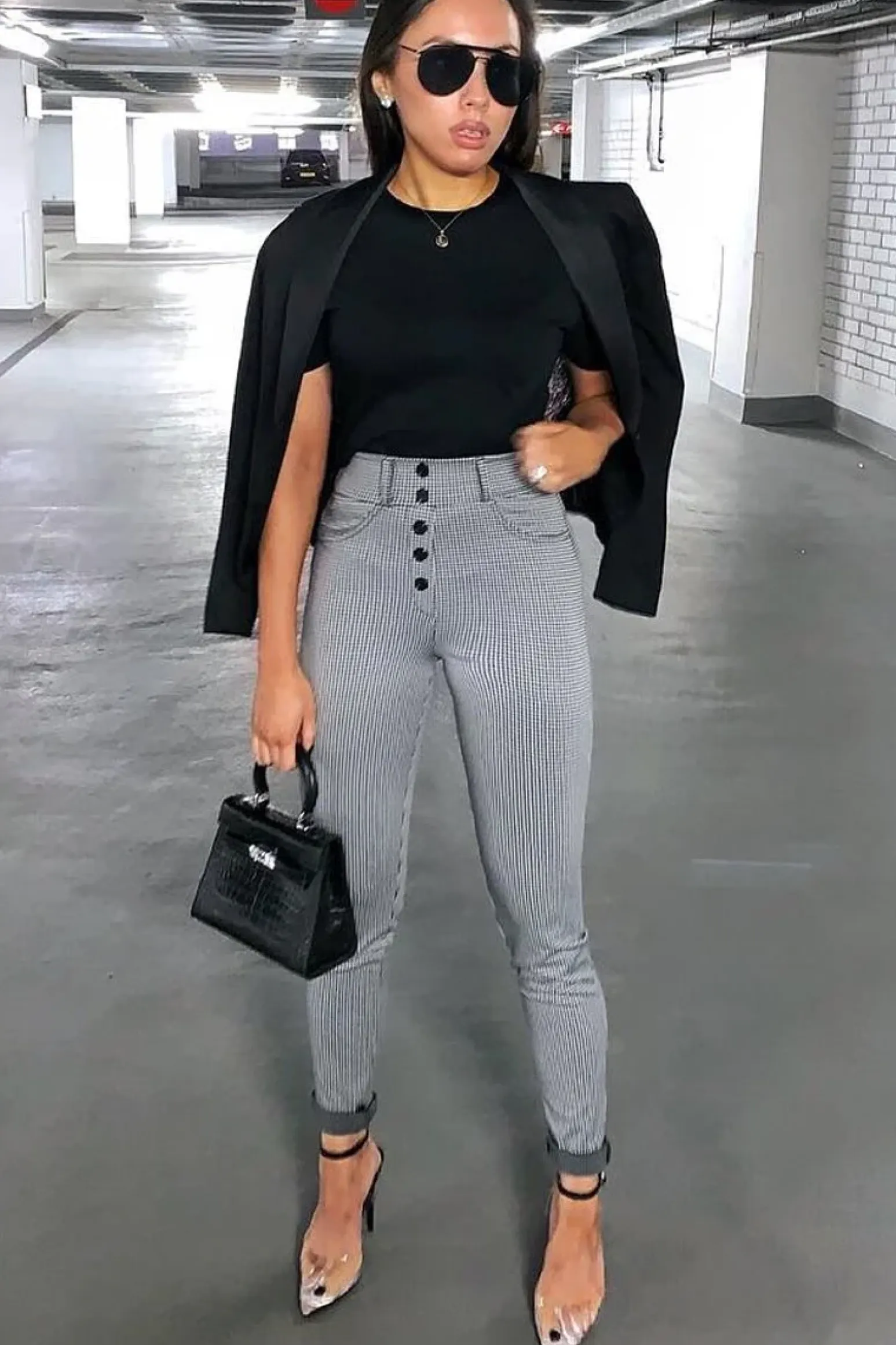 Rebellious Fashion Black White Houndstooth Button Front Trousers - Isabelle