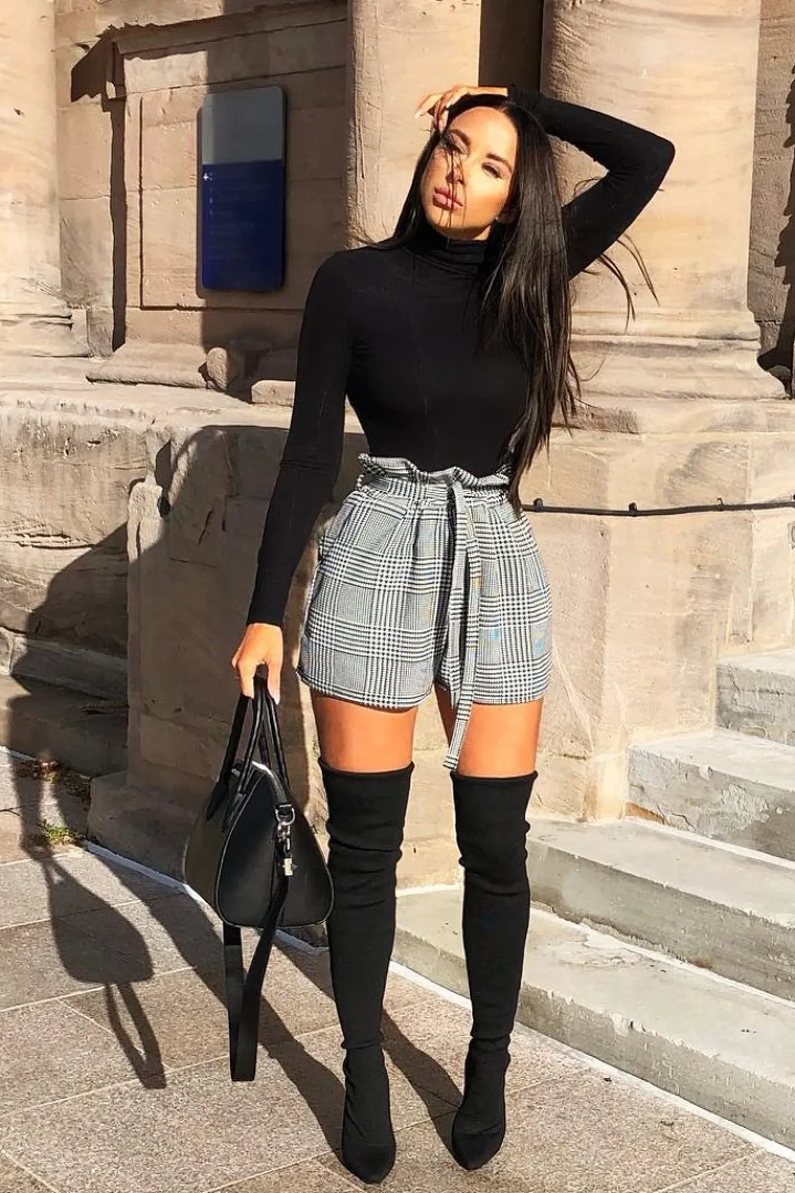 Rebellious Fashion Black White Houndstooth Paper Bag Waist Shorts - Rhyla