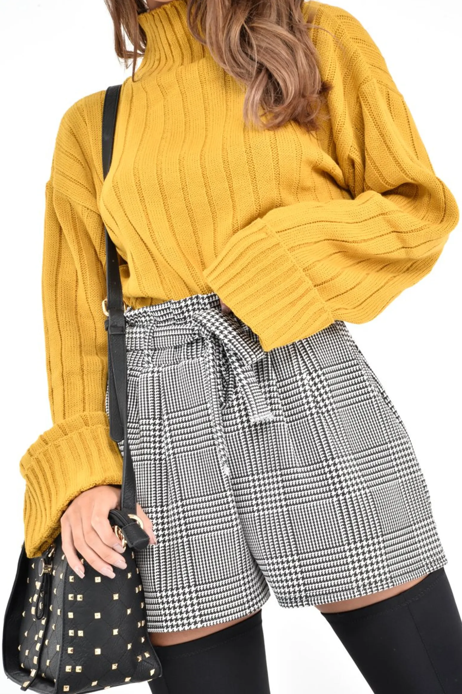 Rebellious Fashion Black White Houndstooth Paper Bag Waist Shorts - Rhyla
