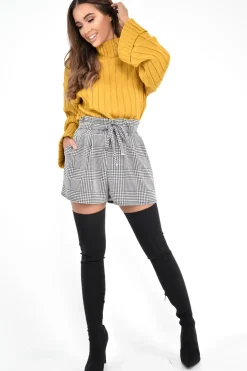 Rebellious Fashion Black White Houndstooth Paper Bag Waist Shorts - Rhyla