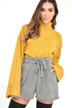 Rebellious Fashion Black White Houndstooth Paper Bag Waist Shorts - Rhyla