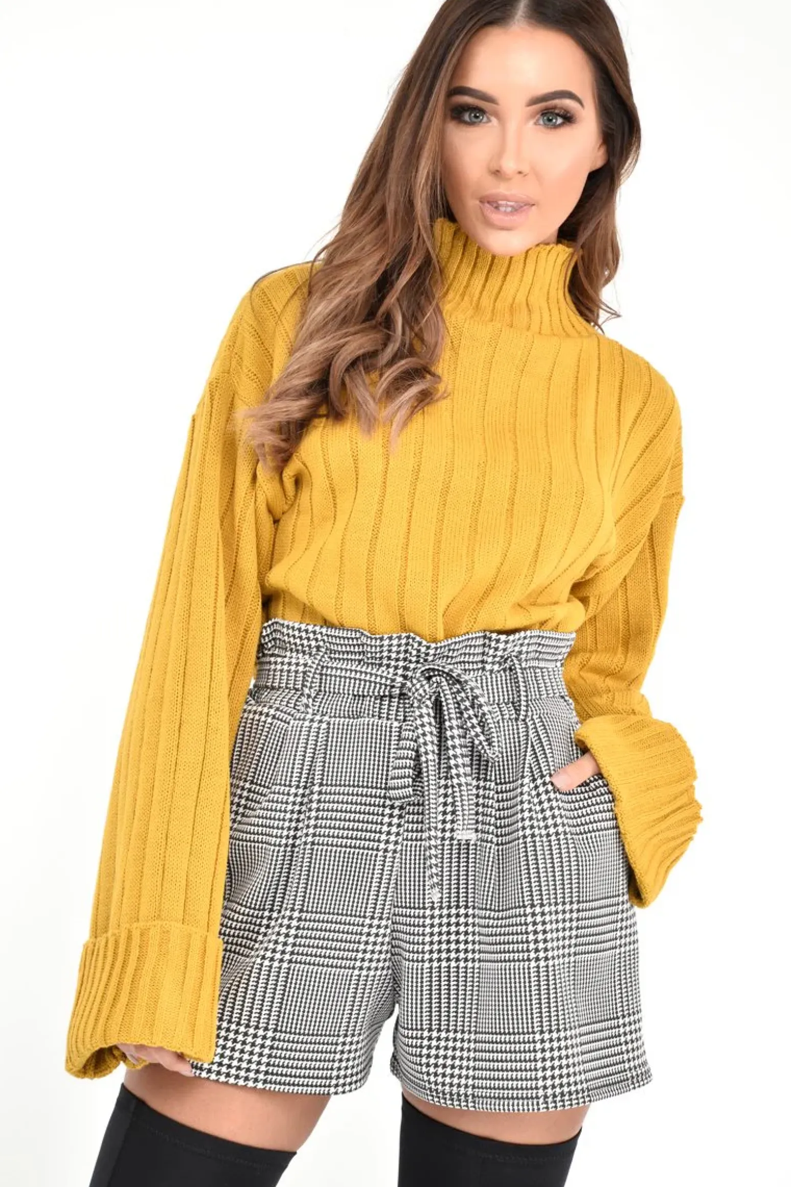 Rebellious Fashion Black White Houndstooth Paper Bag Waist Shorts - Rhyla