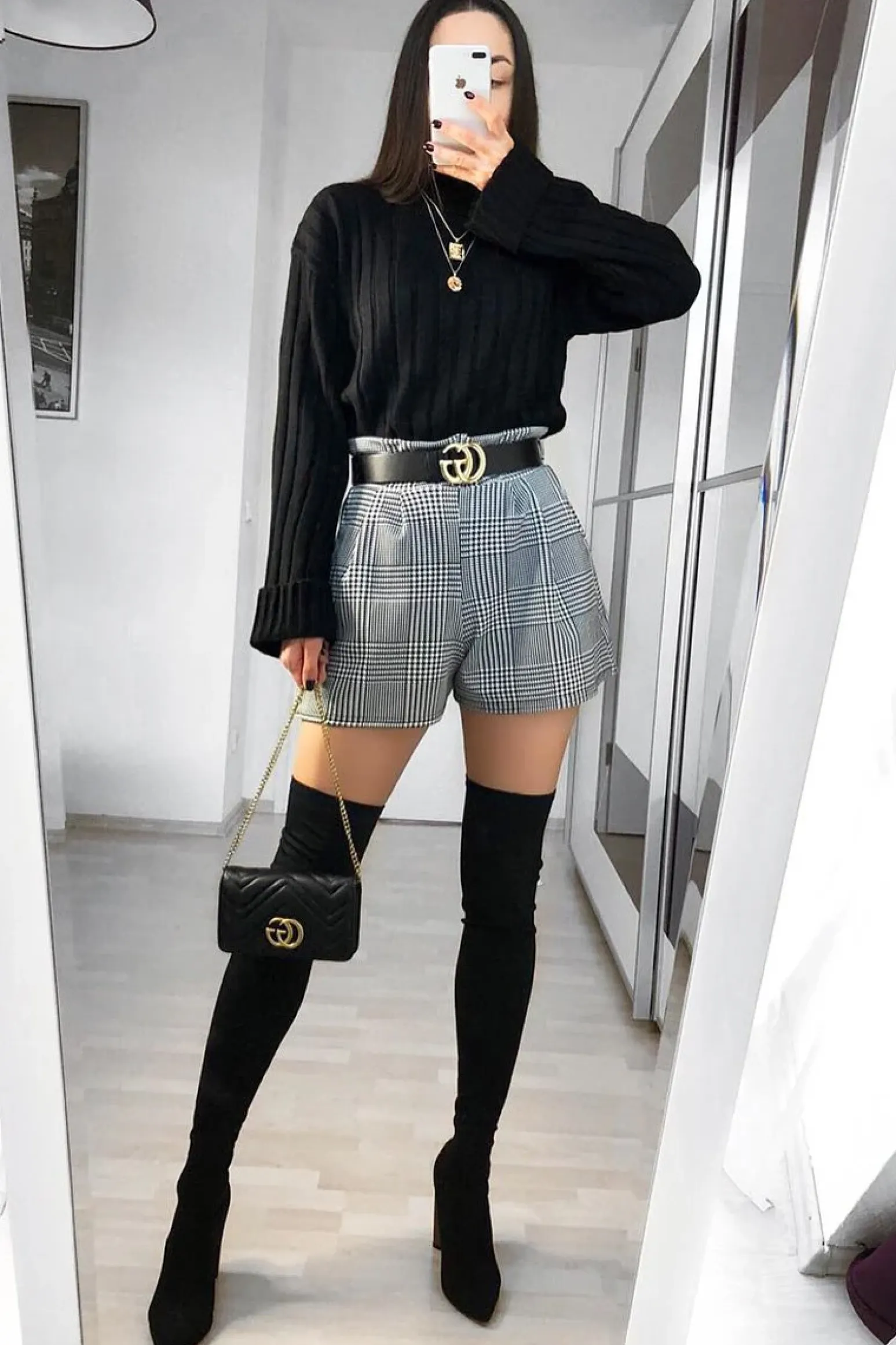 Rebellious Fashion Black White Houndstooth Paper Bag Waist Shorts - Rhyla