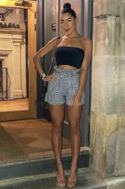 Rebellious Fashion Black White Houndstooth Paper Bag Waist Shorts - Rhyla