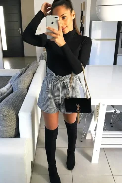 Rebellious Fashion Black White Houndstooth Paper Bag Waist Shorts - Rhyla