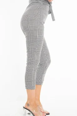 Rebellious Fashion Black White Houndstooth Tie Waist Straight Leg Trousers - Sylvi