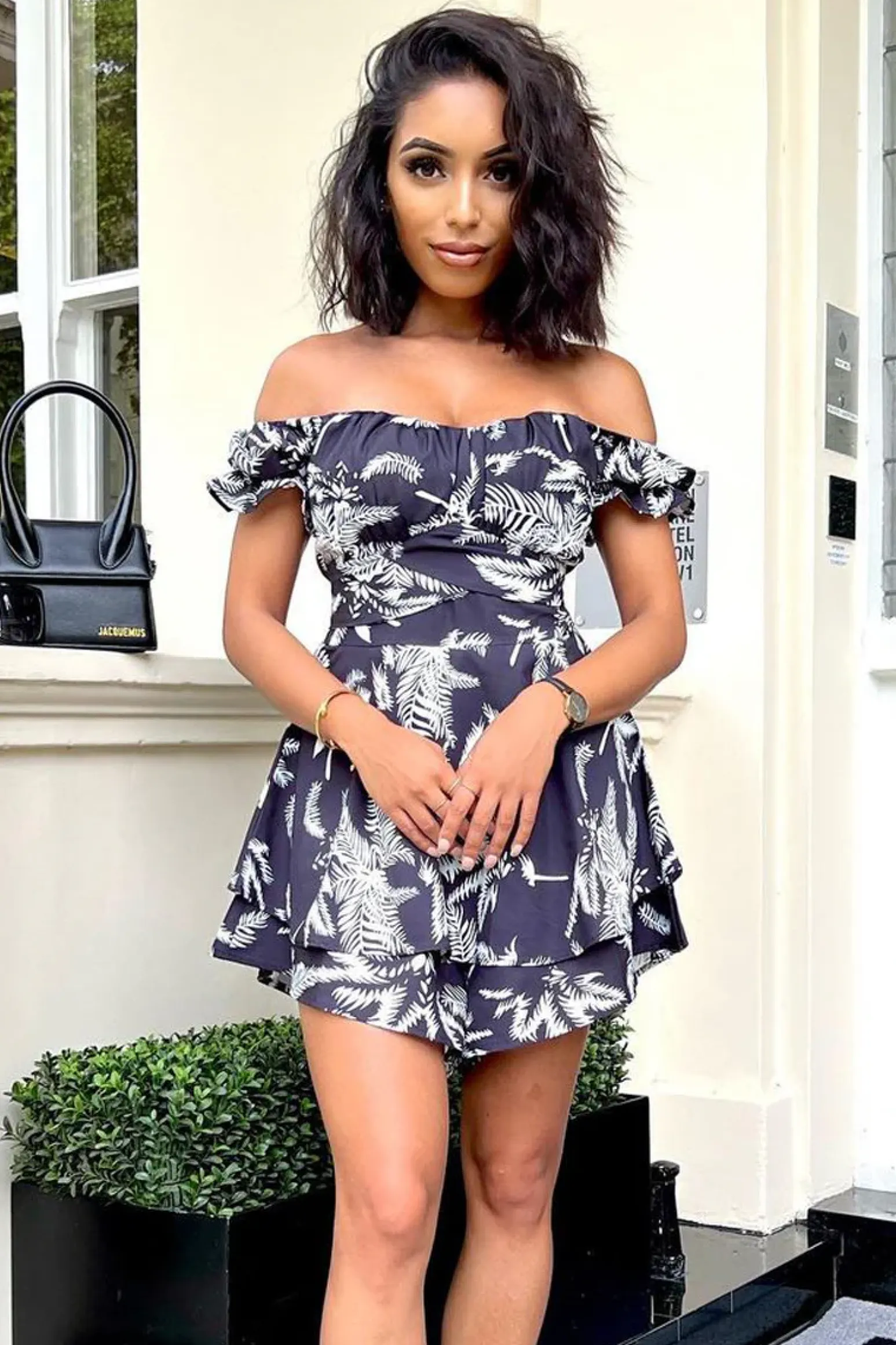 Rebellious Fashion Black White Leaf Print Bardot Playsuit - Parisa