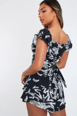 Rebellious Fashion Black White Leaf Print Bardot Playsuit - Parisa
